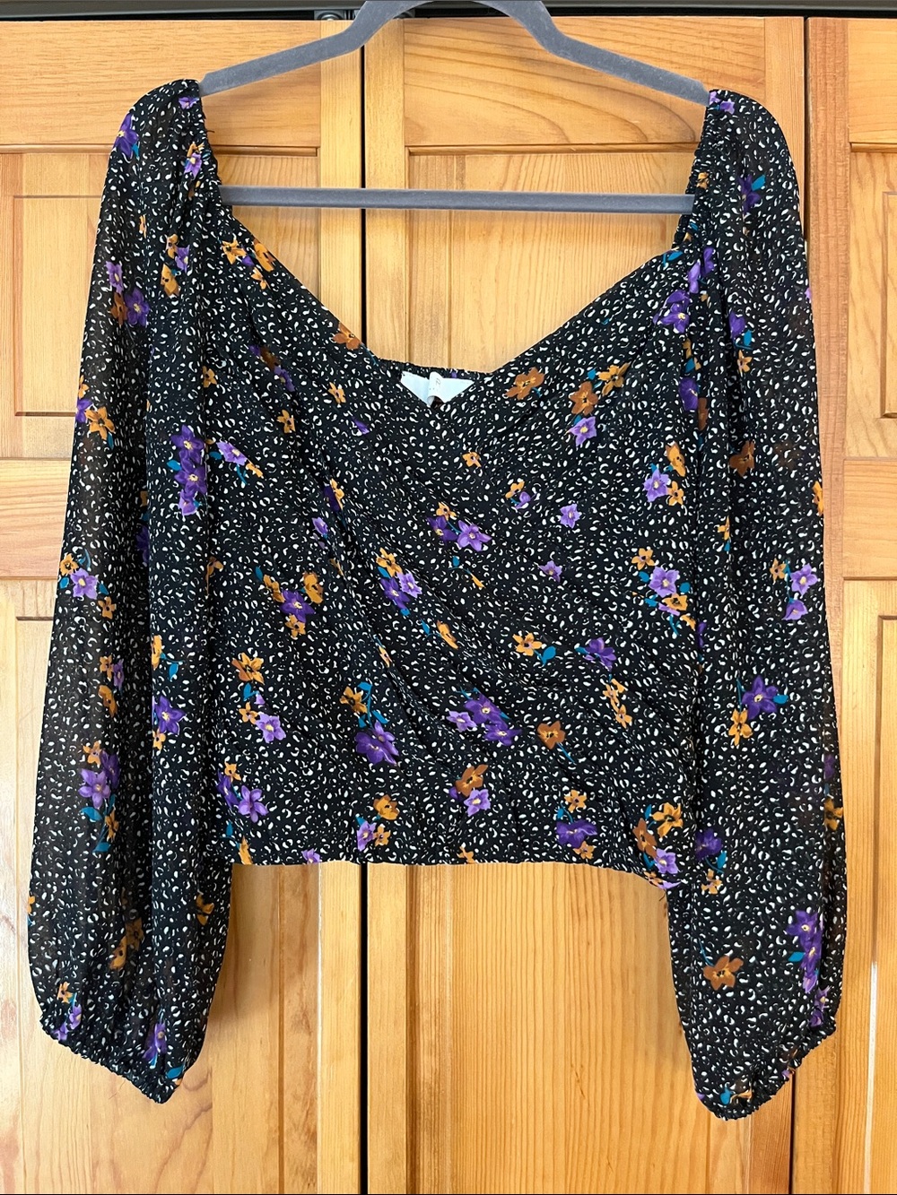 Astr Black Floral Square-Neck Blouse with Purple and Mustard Accents